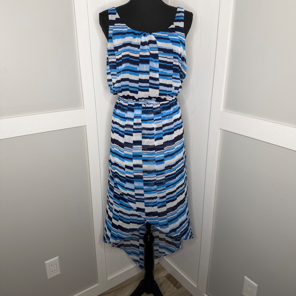 Cato High Low Dress Womens 12 Blue Striped Sleeveless Faux Wrap Chiffon Maxi